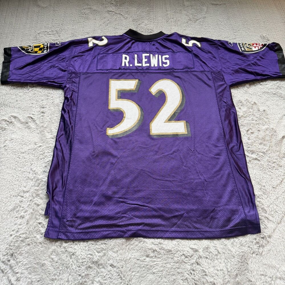 VINTAGE PURPLE REEBOK NFL FOOTBALL BALTIMORE RAVENS JERSEY RAY LEWIS #52 XL